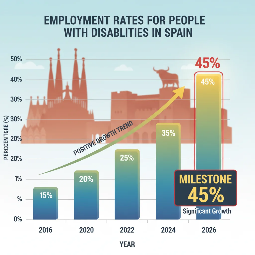 Gráfico mostrando el crecimiento del empleo para personas con discapacidad en España, con un hito en 2026.