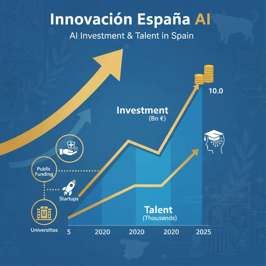 Infografía de crecimiento de inversión y talento en IA en España, destacando universidades, startups y financiación pública.