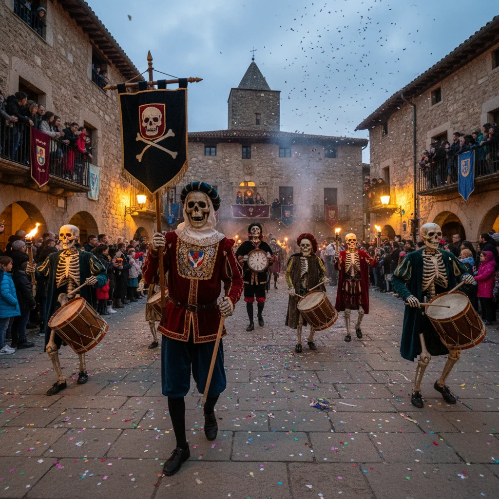 Representación colorida de la Danza de la Muerte de Verges en una plaza medieval.