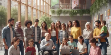 Grupo diverso de personas interactuando en un centro social, representando la inclusión y el desarrollo social en España.