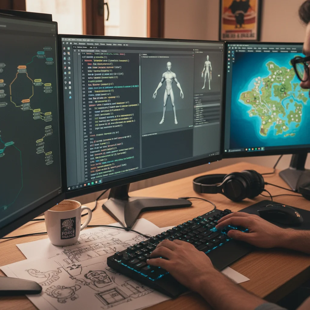 Manos de un desarrollador de videojuegos programando en un ordenador, con pantallas mostrando código y diseño de juegos.