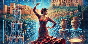 Mosaico digital vibrante de tradiciones populares españolas, simbolizando la unión de cultura y tecnología.