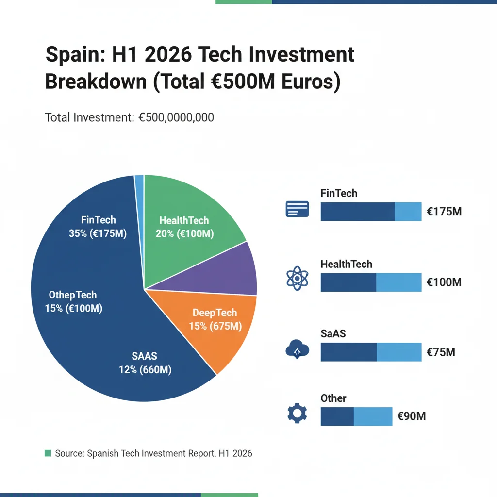 Gráfico que muestra la distribución de la inversión de 500 millones de euros en diversos sectores del emprendimiento español en 2026.