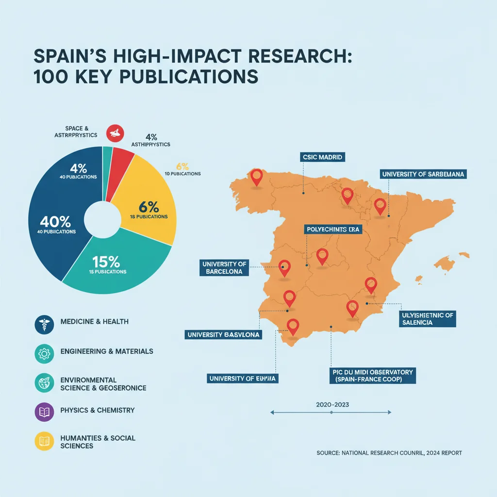 Infografía detallada mostrando la distribución de las 100 publicaciones de alto impacto por disciplinas científicas en España.