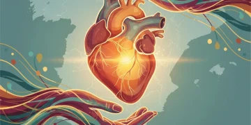 Manos entrelazadas sosteniendo un corazón estilizado, simbolizando la donación de órganos y la vida en España.