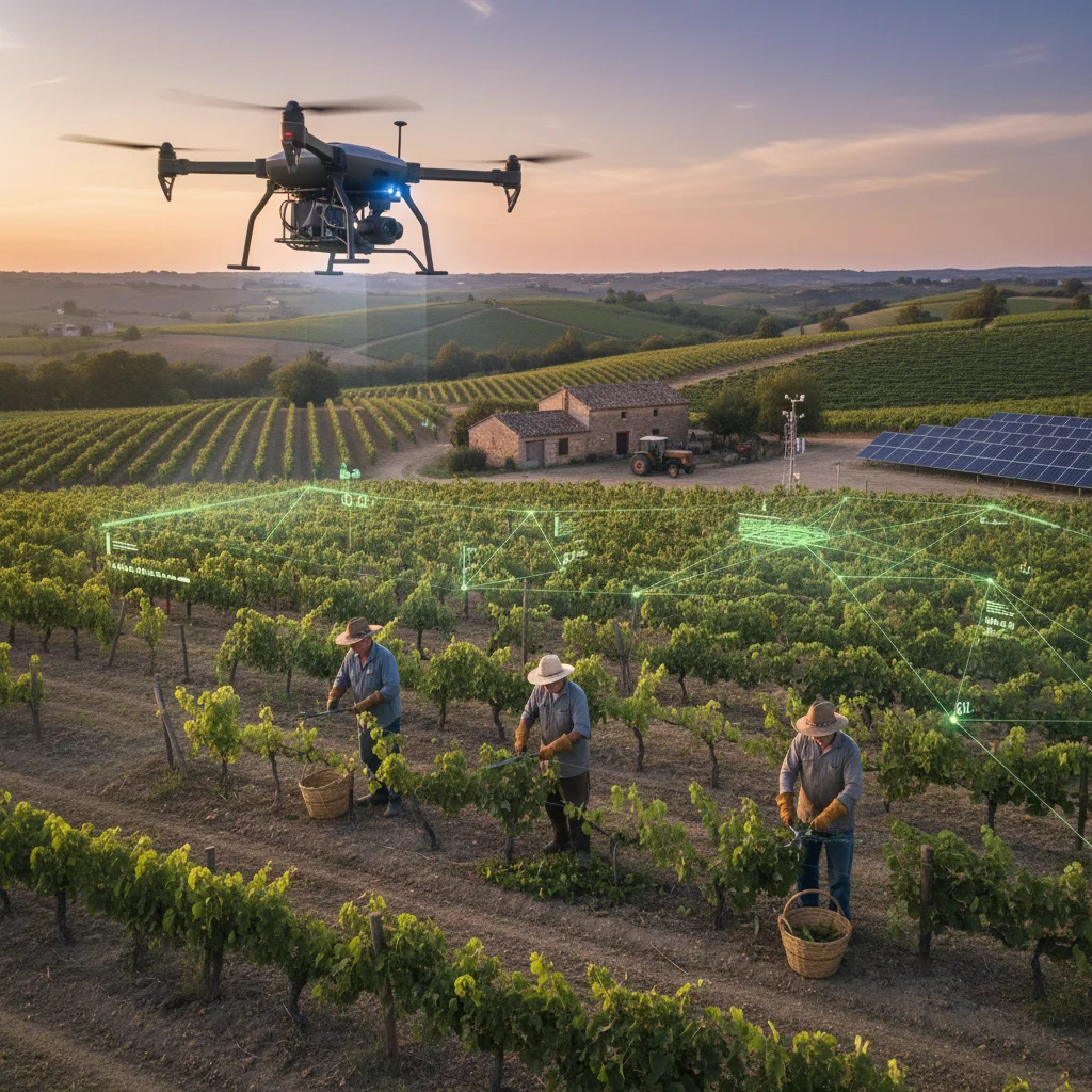 Dron sobre viñedo español recogiendo datos, mientras agricultores realizan poda manual. Coexistencia de tradición y tecnología.