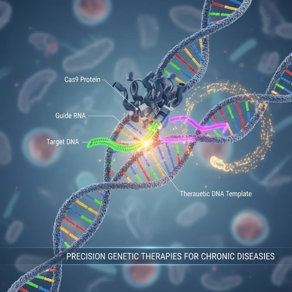 Ilustración de tecnología de edición genética CRISPR-Cas9, manipulando ADN para terapias avanzadas.
