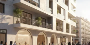 Fachada de un edificio de apartamentos moderno en una ciudad española, simbolizando la vivienda asequible.