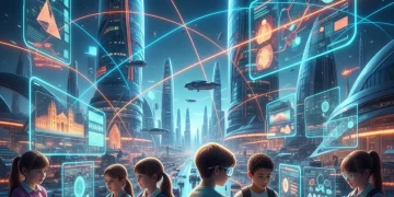 Estudiantes interactuando con tecnología educativa avanzada en España, simbolizando el futuro del aprendizaje digital.