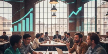 Emprendedores colaborando en un espacio de coworking, simbolizando el apoyo al emprendimiento en España.