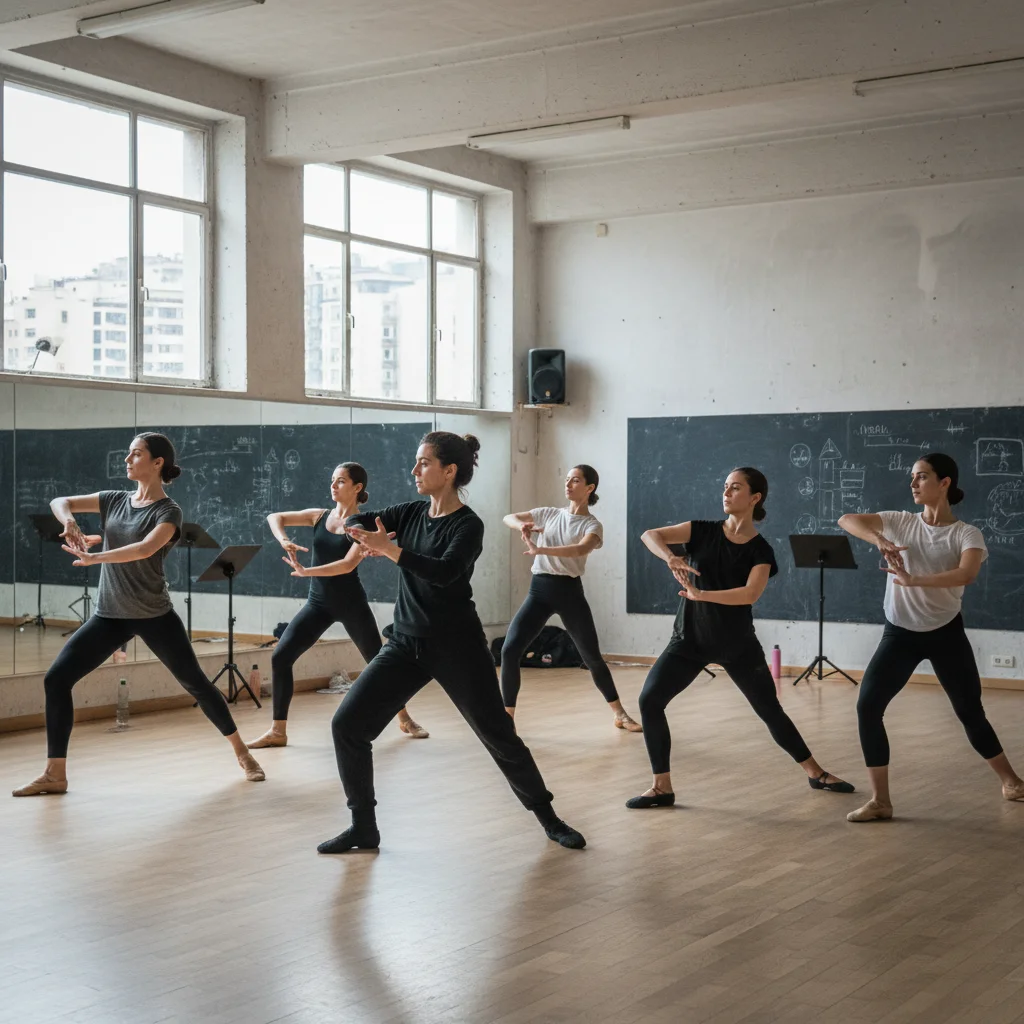Grupo de bailarines de danza española ensayando una coreografía innovadora en un estudio, mostrando colaboración y creatividad.