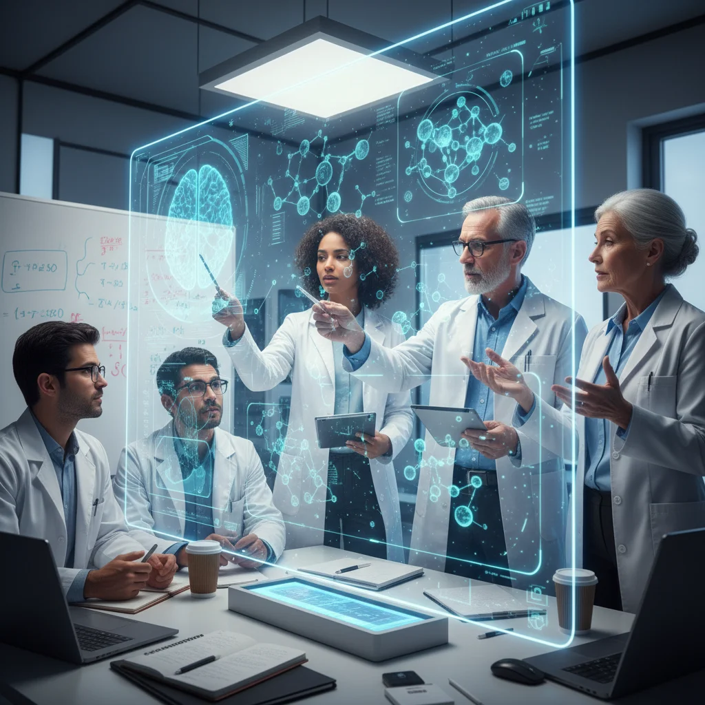 Equipo de científicos colaborando en un laboratorio, analizando escáneres cerebrales y estructuras moleculares para el Alzheimer.