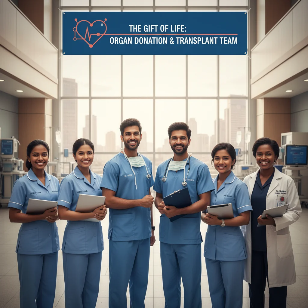 Equipo médico multidisciplinar de trasplantes y coordinación de donaciones en un hospital.
