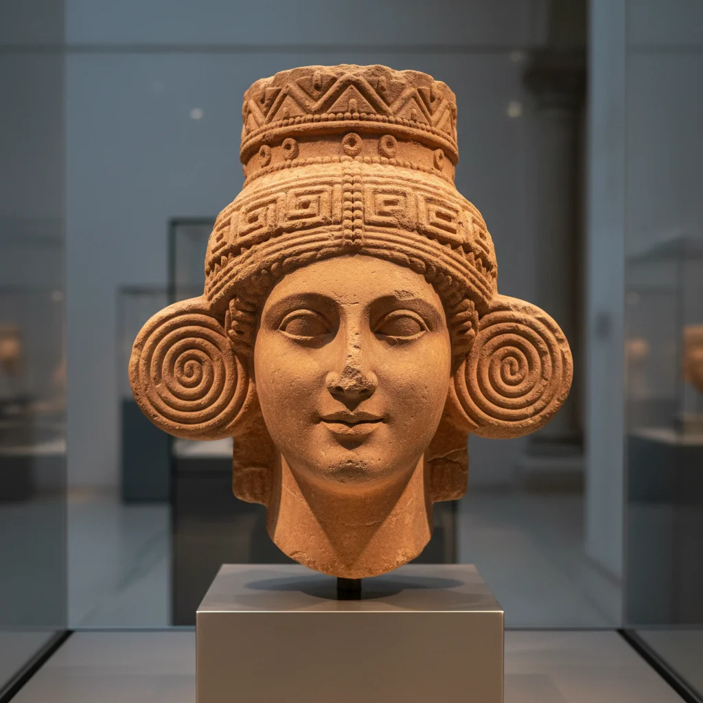 Detalle de una escultura ibérica antigua, un tesoro arqueológico de la cultura española, en exposición.
