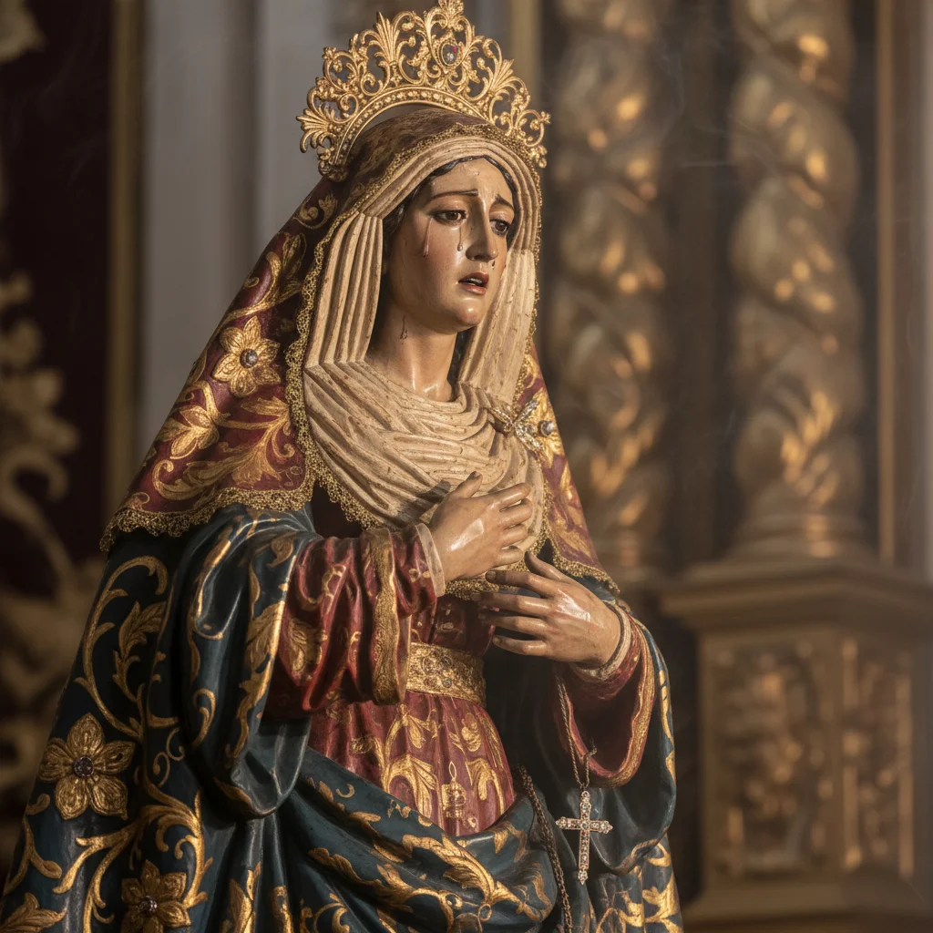 Detalle de una escultura religiosa tallada en madera de un paso de Semana Santa, mostrando el arte y la expresión.