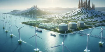 Paisaje futurista de España con turbinas eólicas marinas, planta de hidrógeno verde y sistemas de almacenamiento de energía solar, representando la innovación en energías renovables.