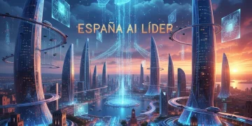 Paisaje urbano español futurista con elementos de inteligencia artificial, simbolizando el liderazgo de España en investigación de IA.