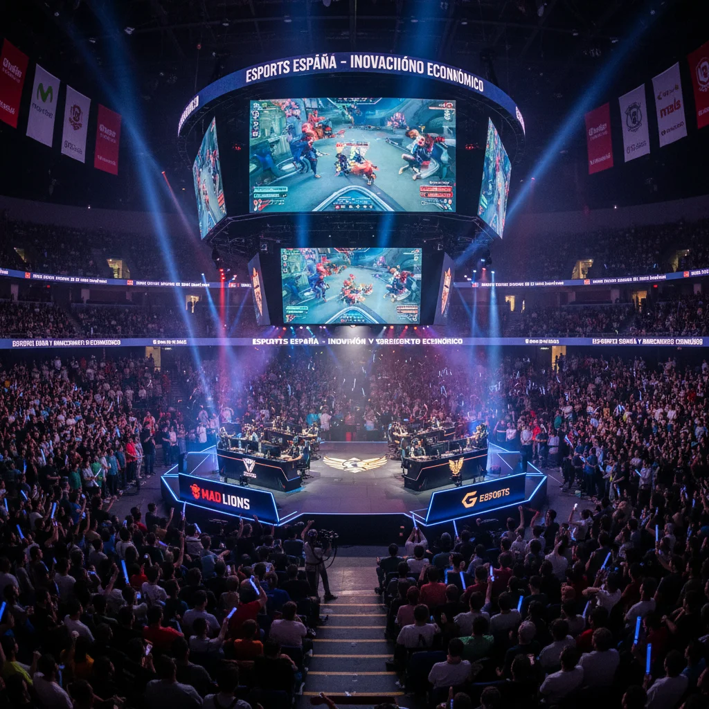 Arena de esports abarrotada con público animando, mostrando la emoción y el crecimiento de los deportes electrónicos en España.