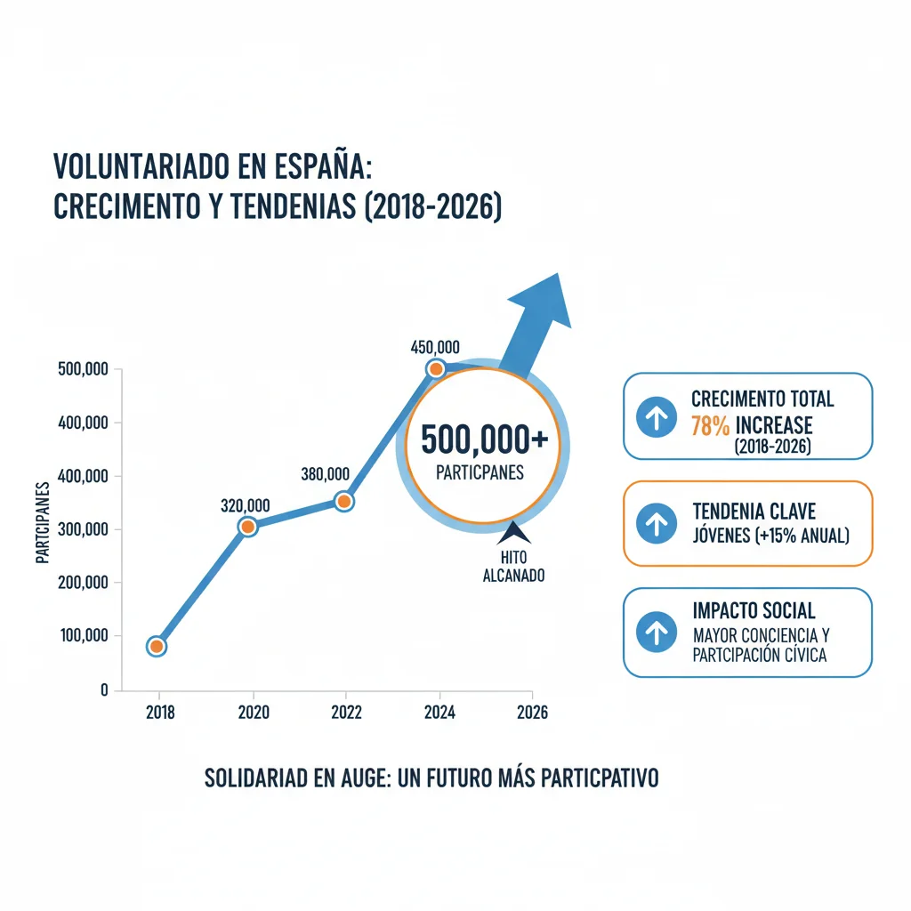 Infografía mostrando el crecimiento exponencial y las estadísticas clave del voluntariado en España hacia los 500.000 participantes en 2026.