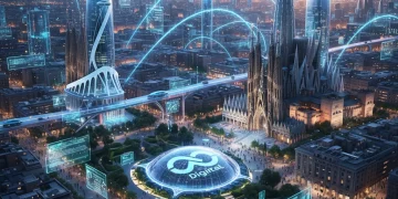 Paisaje urbano español futurista con elementos digitales, simbolizando el éxito del Plan de Digitalización de España.
