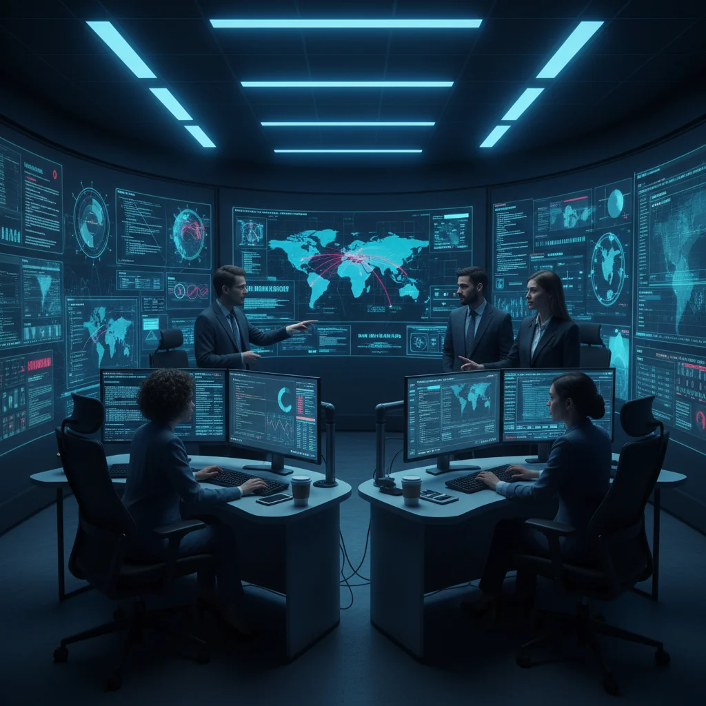 Equipo de expertos en ciberseguridad monitorizando amenazas en un centro de operaciones