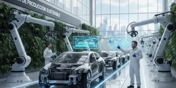 Fábrica de vehículos eléctricos en España con alta tecnología y robots, simbolizando la innovación y el futuro de la industria automotriz.