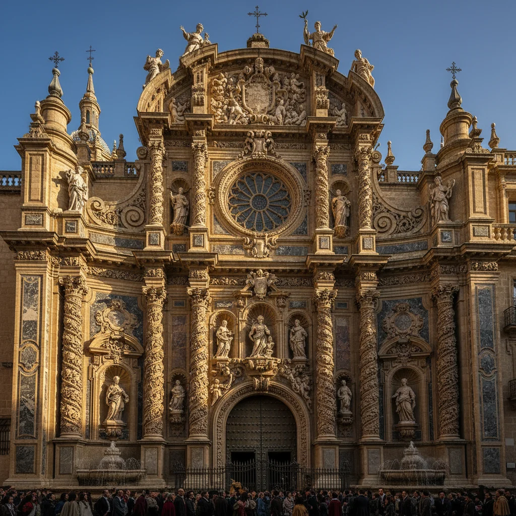 Fachada ornamentada de una catedral barroca española con columnas salomónicas.