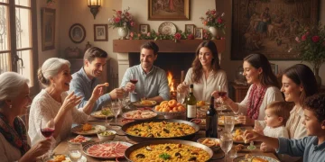 Familia española multigeneracional celebrando una fiesta tradicional en 2026, compartiendo mesa y risas.