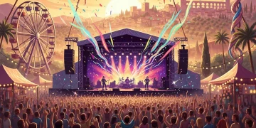 Público vibrante en un festival de música al aire libre, con luces de escenario y arte moderno