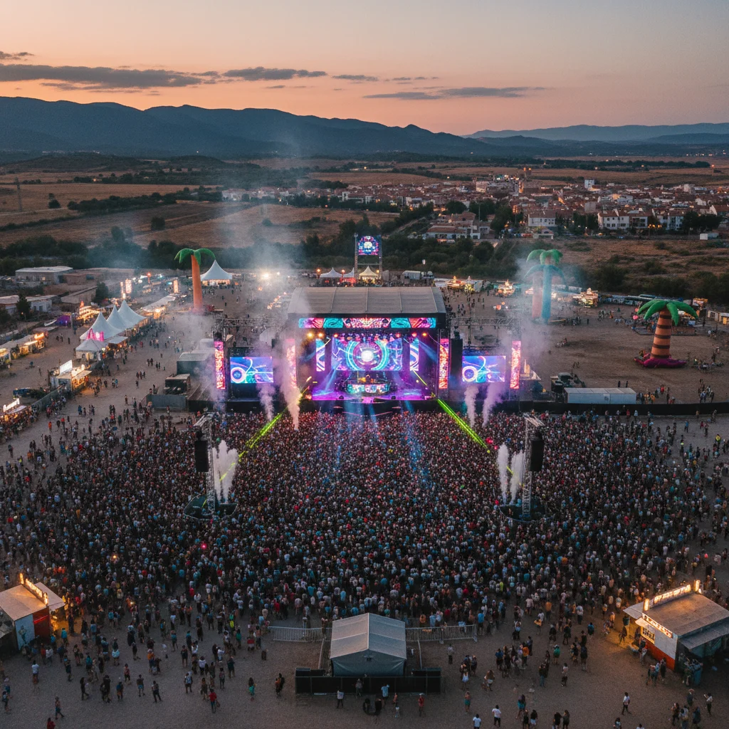 Festival de música al aire libre en España al atardecer, con un escenario iluminado y una multitud vibrante.