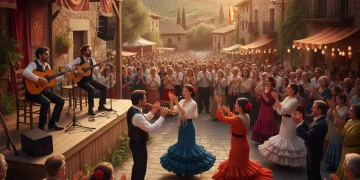 Público disfrutando de un festival de música tradicional española al atardecer en un pueblo pintoresco.