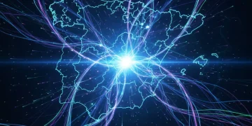 Red de fibra óptica iluminada sobre un mapa estilizado de España, simbolizando la alta conectividad y el avance digital.