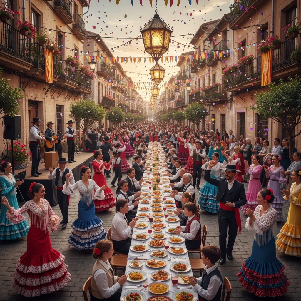 Familias españolas bailando y celebrando en una calle durante una festividad con trajes tradicionales.