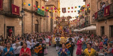 Calles llenas de gente celebrando una festividad tradicional española en 2026, con trajes coloridos y música.