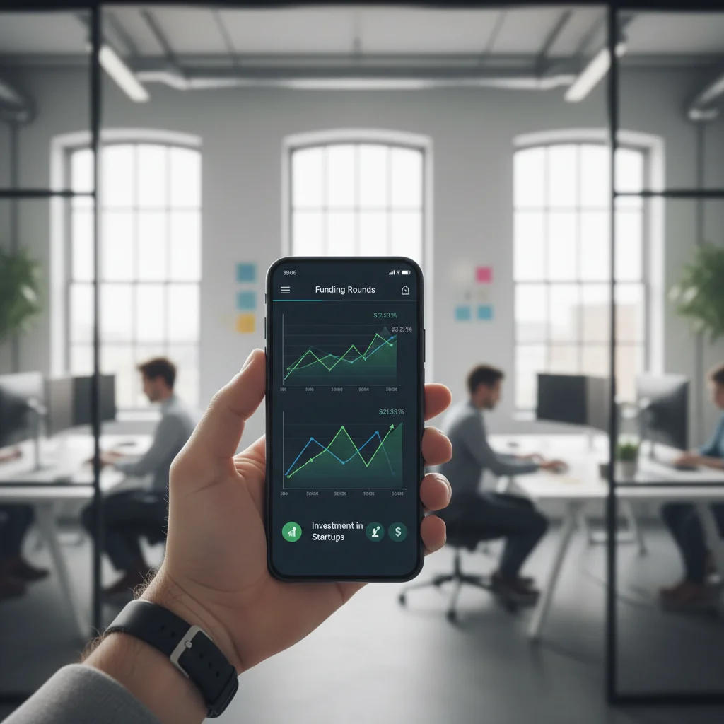 Mano sosteniendo un smartphone con gráficos de crecimiento financiero, representando financiación para startups.