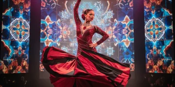 Bailaora de flamenco contemporánea en un escenario iluminado con proyecciones digitales, fusionando tradición y modernidad.