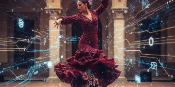 Bailaora de flamenco con elementos tecnológicos futuristas, simbolizando la innovación en la preservación del arte jondo.