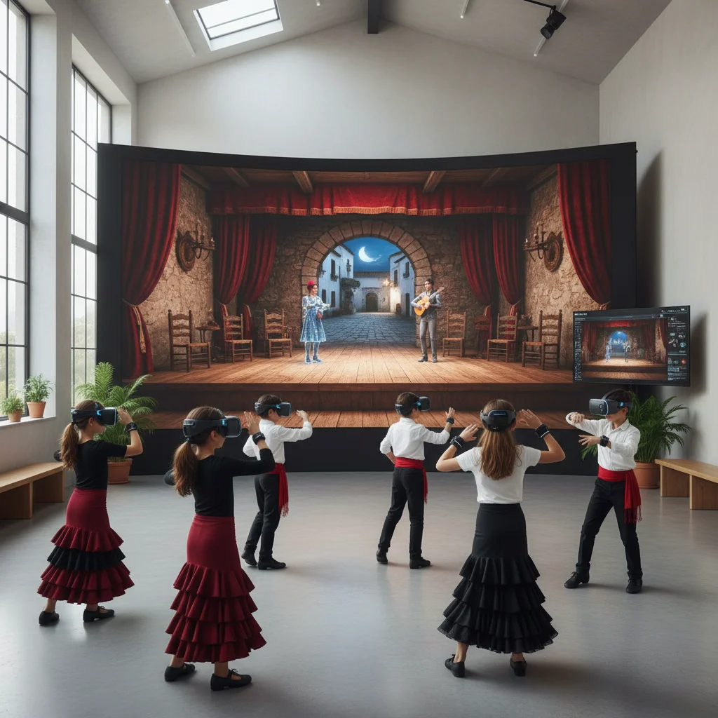 Jóvenes aprendiendo flamenco mediante realidad virtual en un aula moderna, explorando nuevas formas de educación.