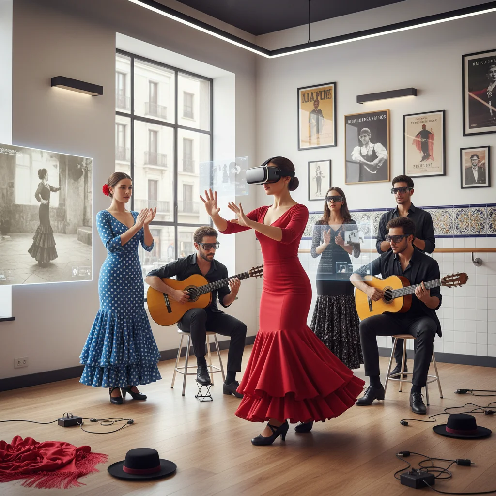 Jóvenes artistas flamencos utilizando realidad virtual para aprender y experimentar, representando el futuro del género.