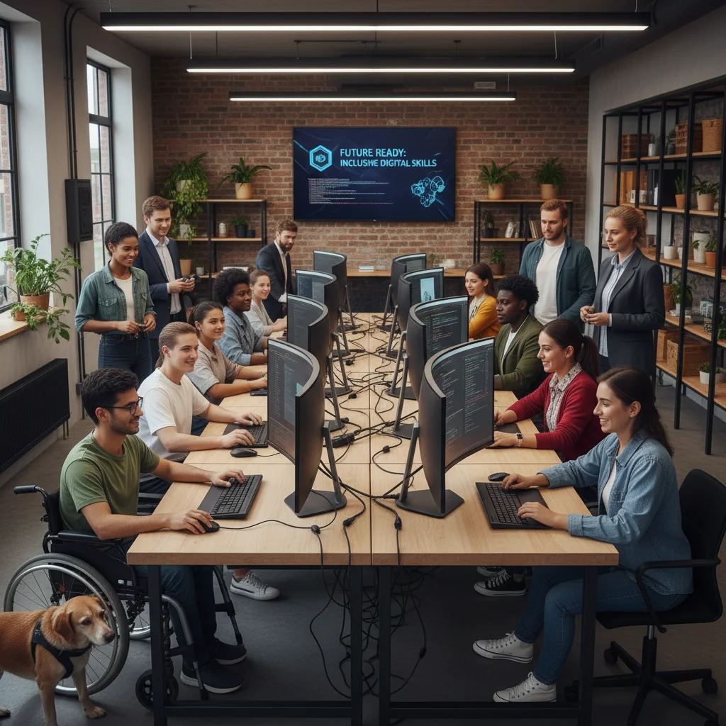 Jóvenes diversos en taller de formación profesional, integrándose laboralmente.