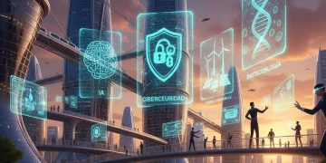 Paisaje urbano español futurista con proyecciones holográficas de tecnología avanzada y personas interactuando, simbolizando el futuro del empleo en 2026.