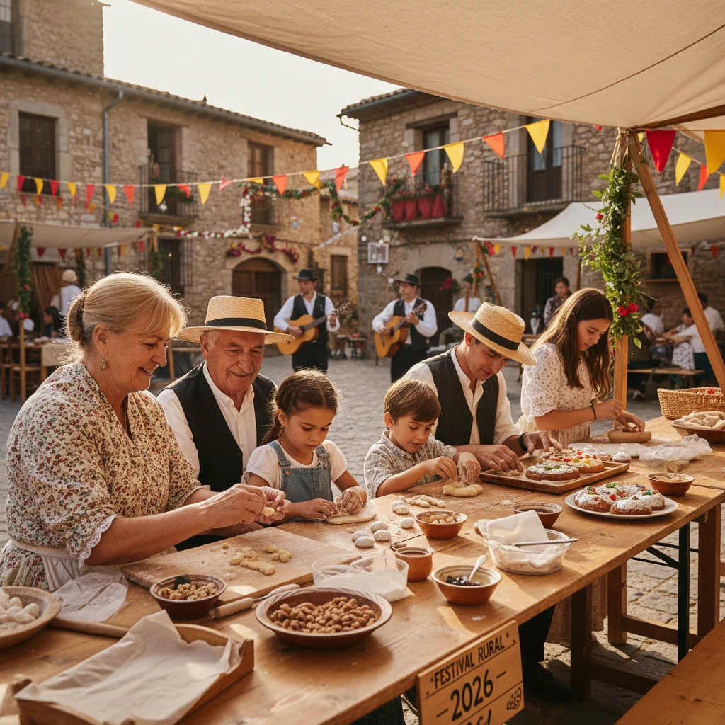 Abuelos y nietos españoles participando en una actividad artesanal tradicional durante una fiesta local.