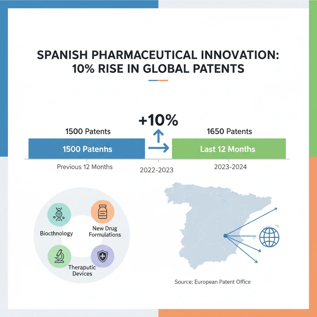 Gráfico que muestra el aumento del 10% en patentes farmacéuticas internacionales de España, destacando el crecimiento del sector.