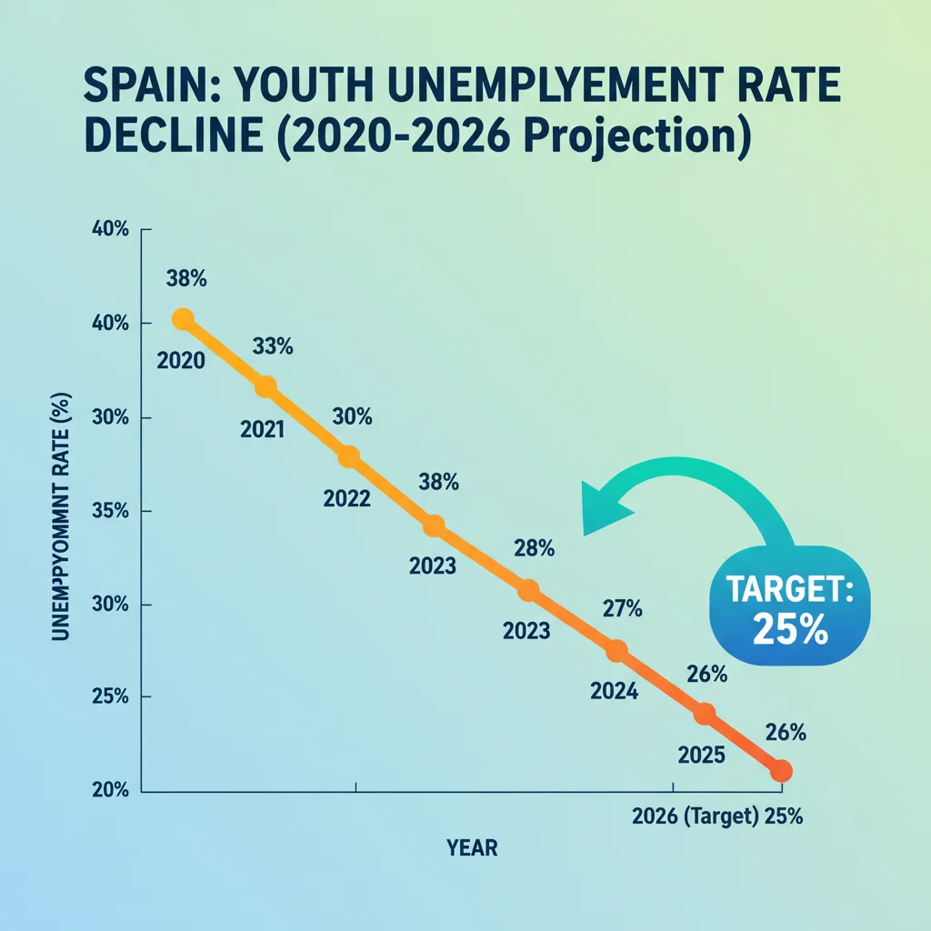 Gráfico mostrando la evolución del desempleo juvenil en España y la meta del 25% para 2026, destacando el progreso.