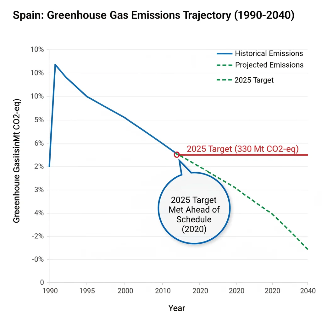 Gráfico que ilustra la trayectoria descendente de las emisiones de gases de efecto invernadero en España, mostrando el cumplimiento anticipado de los objetivos de 2025.