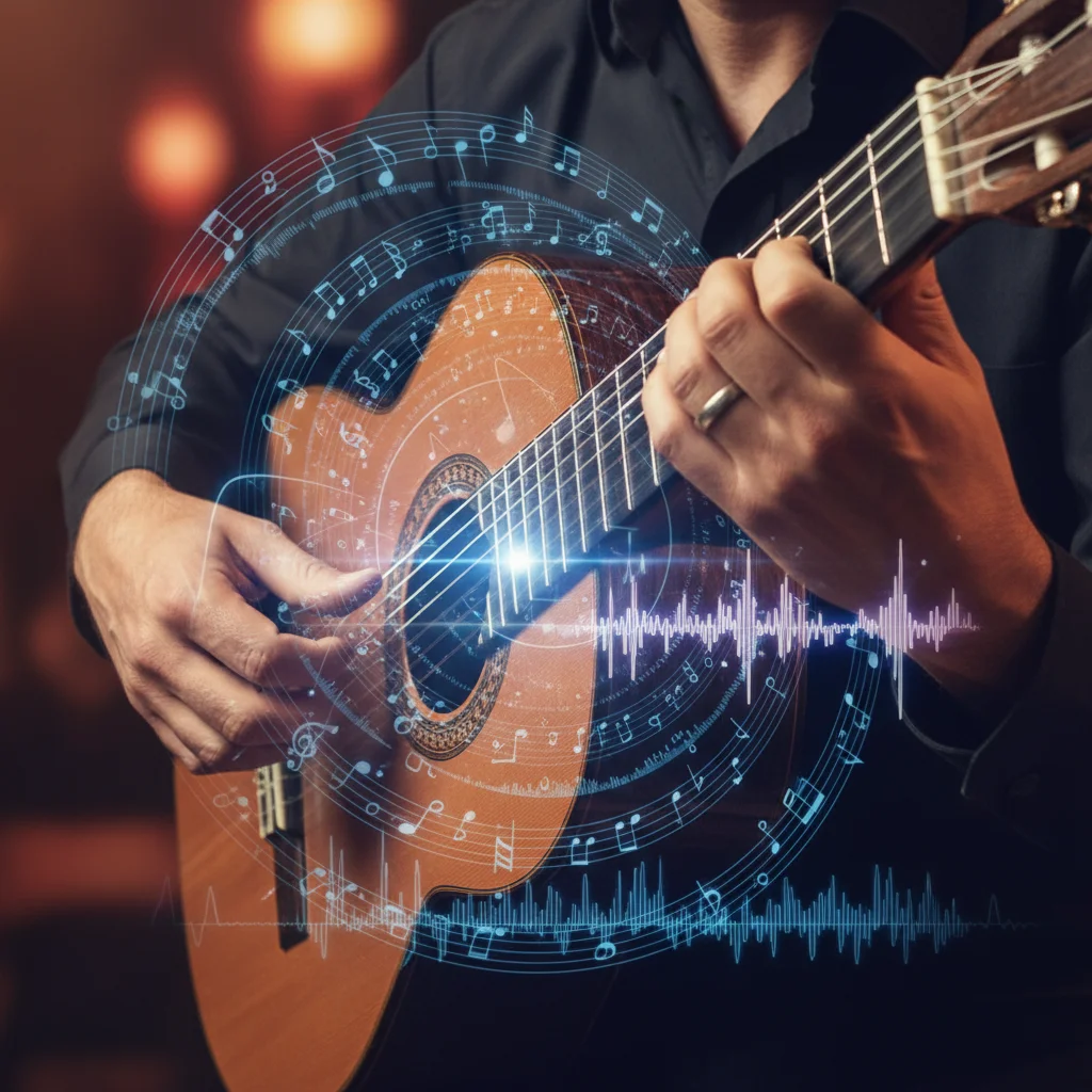 Detalle de guitarra flamenca con visualización holográfica de notas musicales, simbolizando la fusión tecnológica.