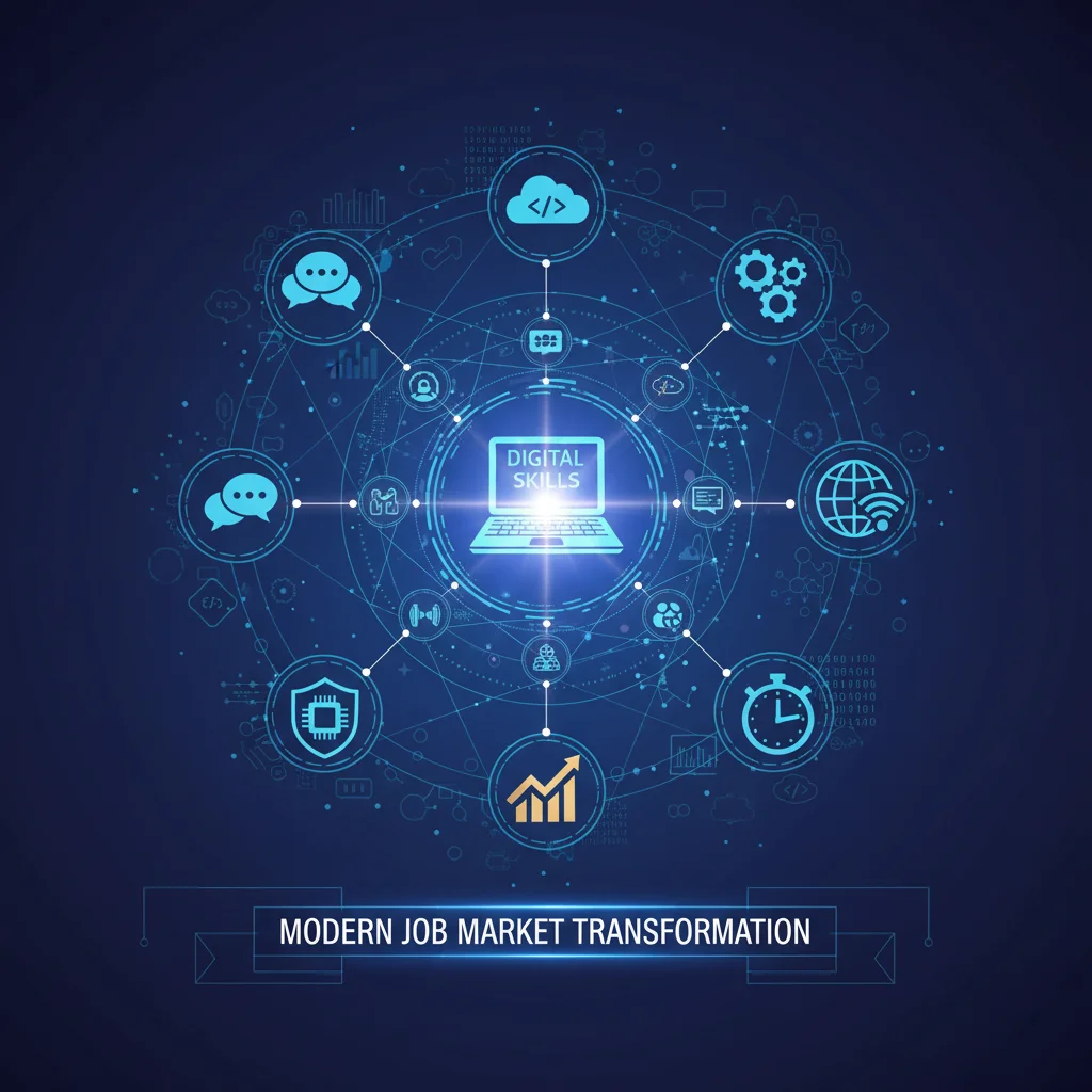 Iconos digitales interconectados que representan la economía digital y las habilidades tecnológicas cruciales para el empleo juvenil.