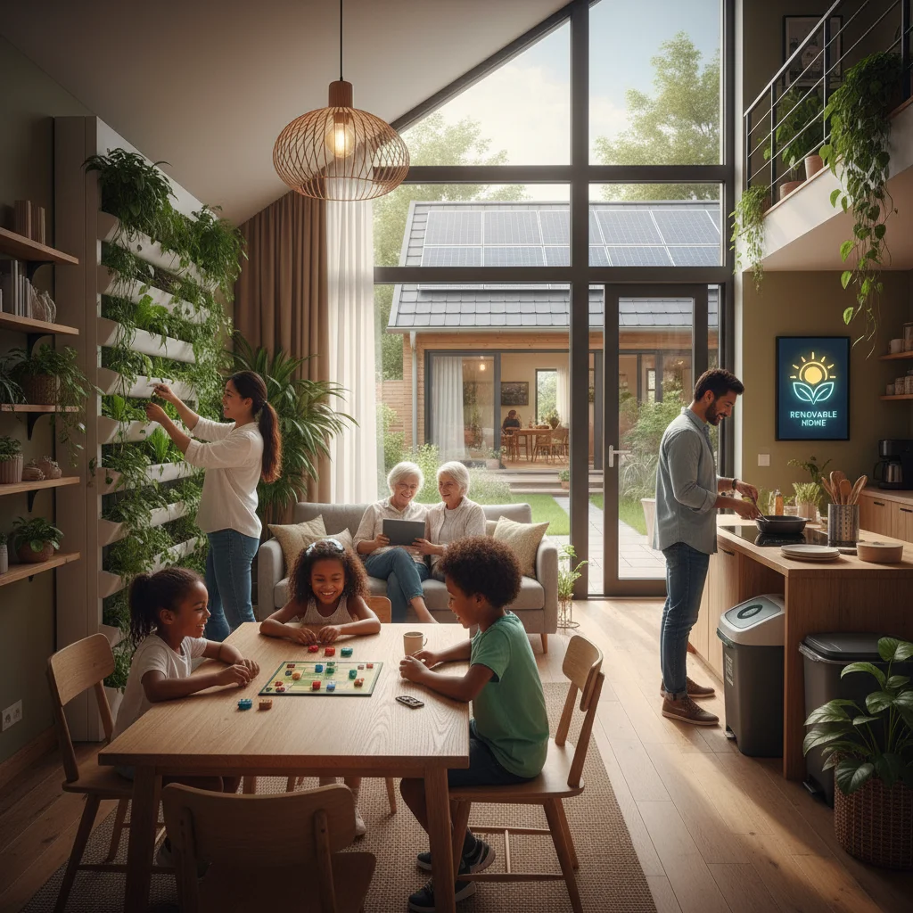Familias y personas disfrutando de un hogar energéticamente eficiente y sostenible, con paneles solares visibles.