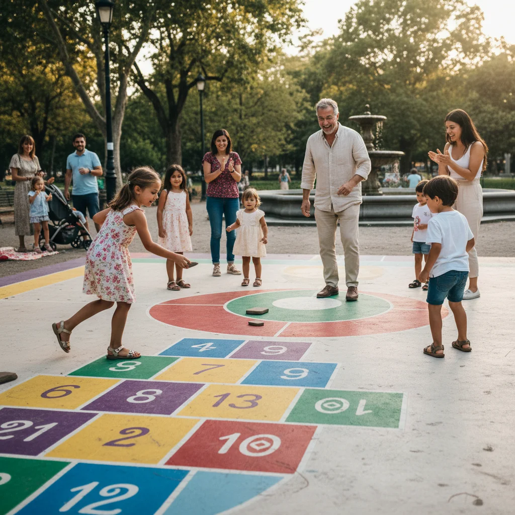 Niños y adultos jugando alegremente a La Rayuela en un parque, un juego popular español que une generaciones.