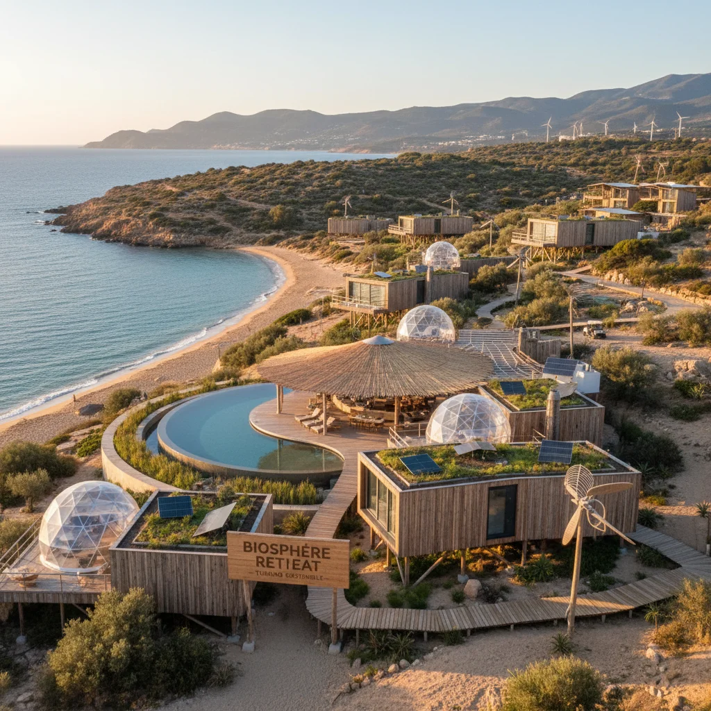 Hotel boutique ecológico en un paisaje natural español, destacando el turismo sostenible.